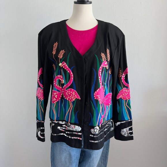 HJM Resort, Vintage 1980's, Black Cardigan with Flamingo embellishment, Size L - Picture 2 of 5